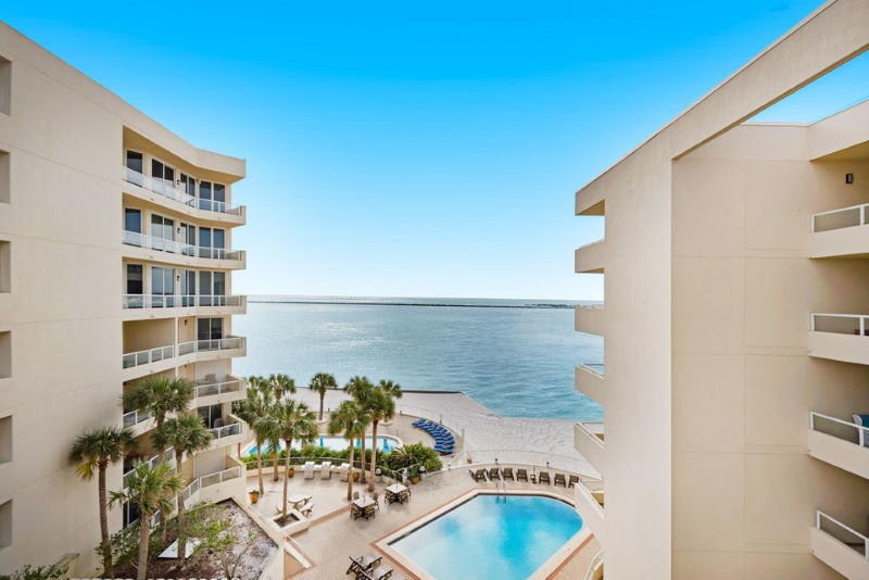 Pool view at East Pass Towers condo, Destin, Florida