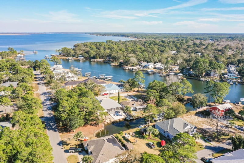 Waterfront home in Hidden Harbor, Santa Rosa Beach - overhead shot with Choctowhatchee Bay